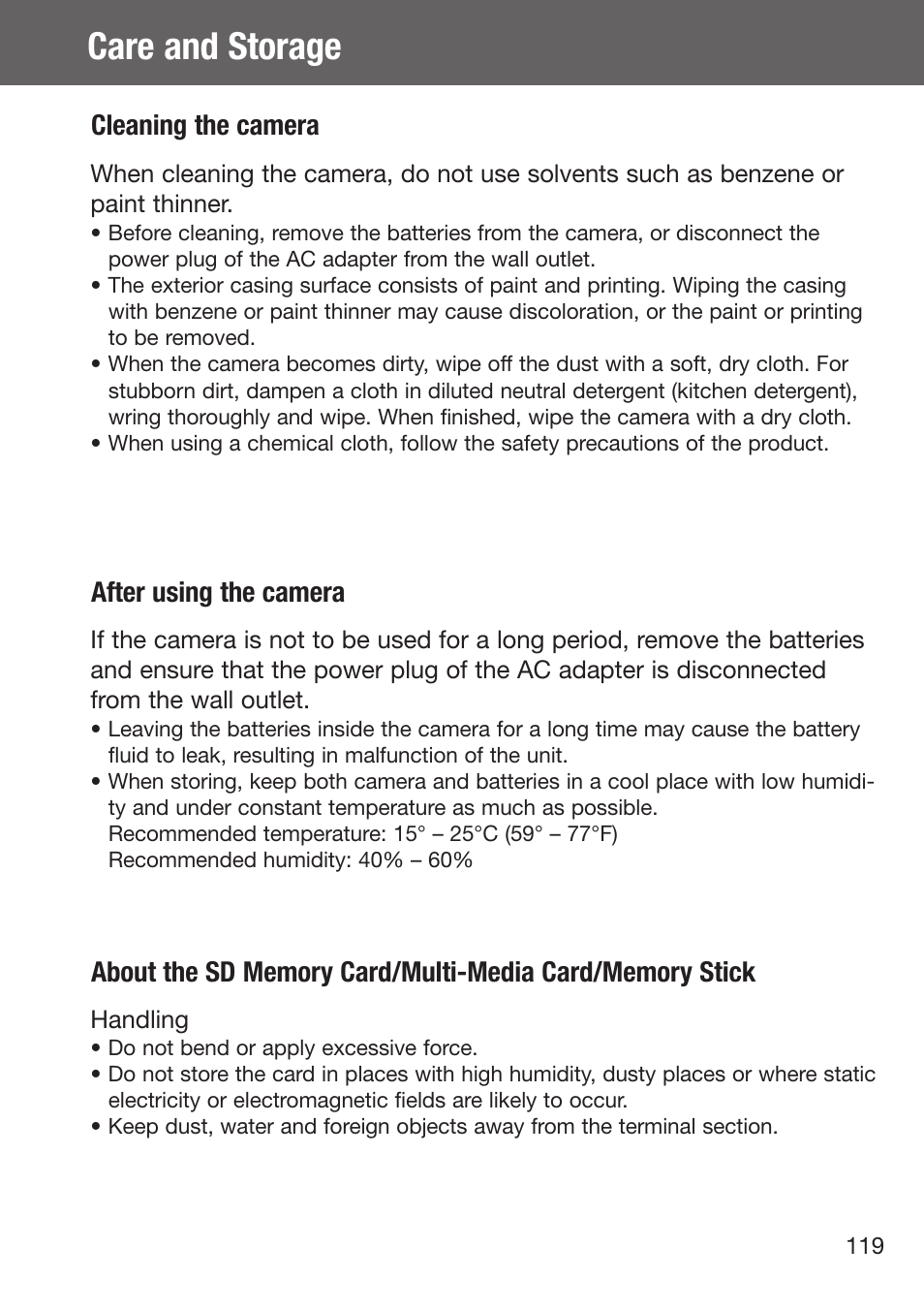 Care and storage, Cleaning the camera, After using the camera | Konica Minolta DiMAGE G500 User Manual | Page 119 / 126