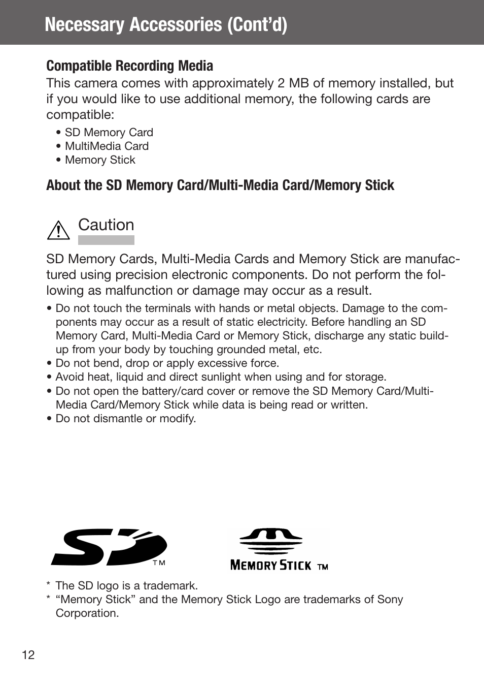 Necessary accessories (cont’d), Caution, Compatible recording media | Konica Minolta DiMAGE G500 User Manual | Page 12 / 126