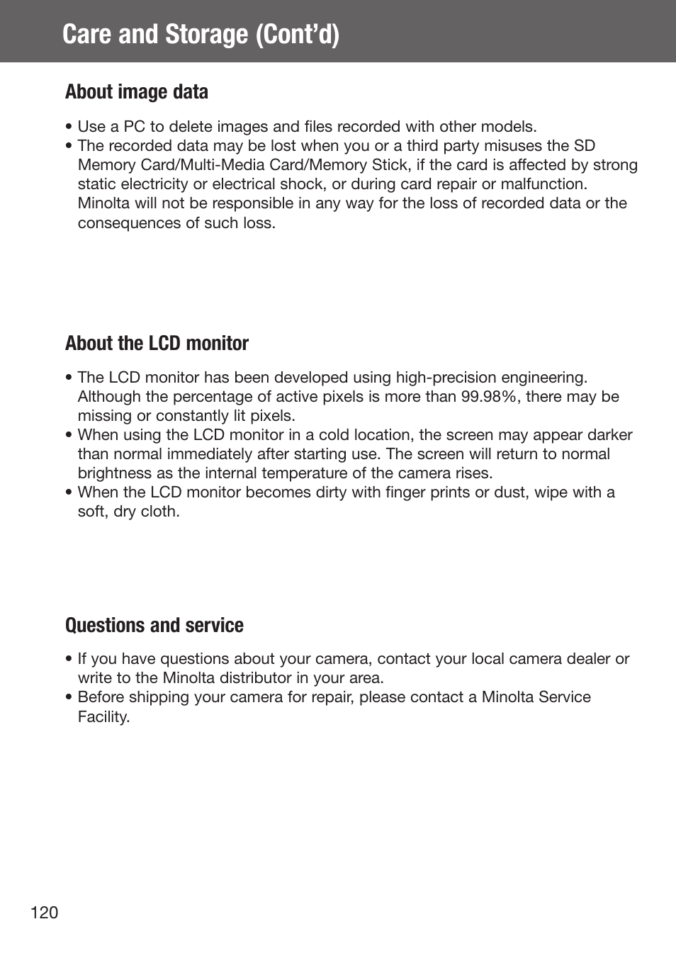 Care and storage (cont’d), About image data, About the lcd monitor | Questions and service | Konica Minolta DiMAGE G500 User Manual | Page 120 / 126