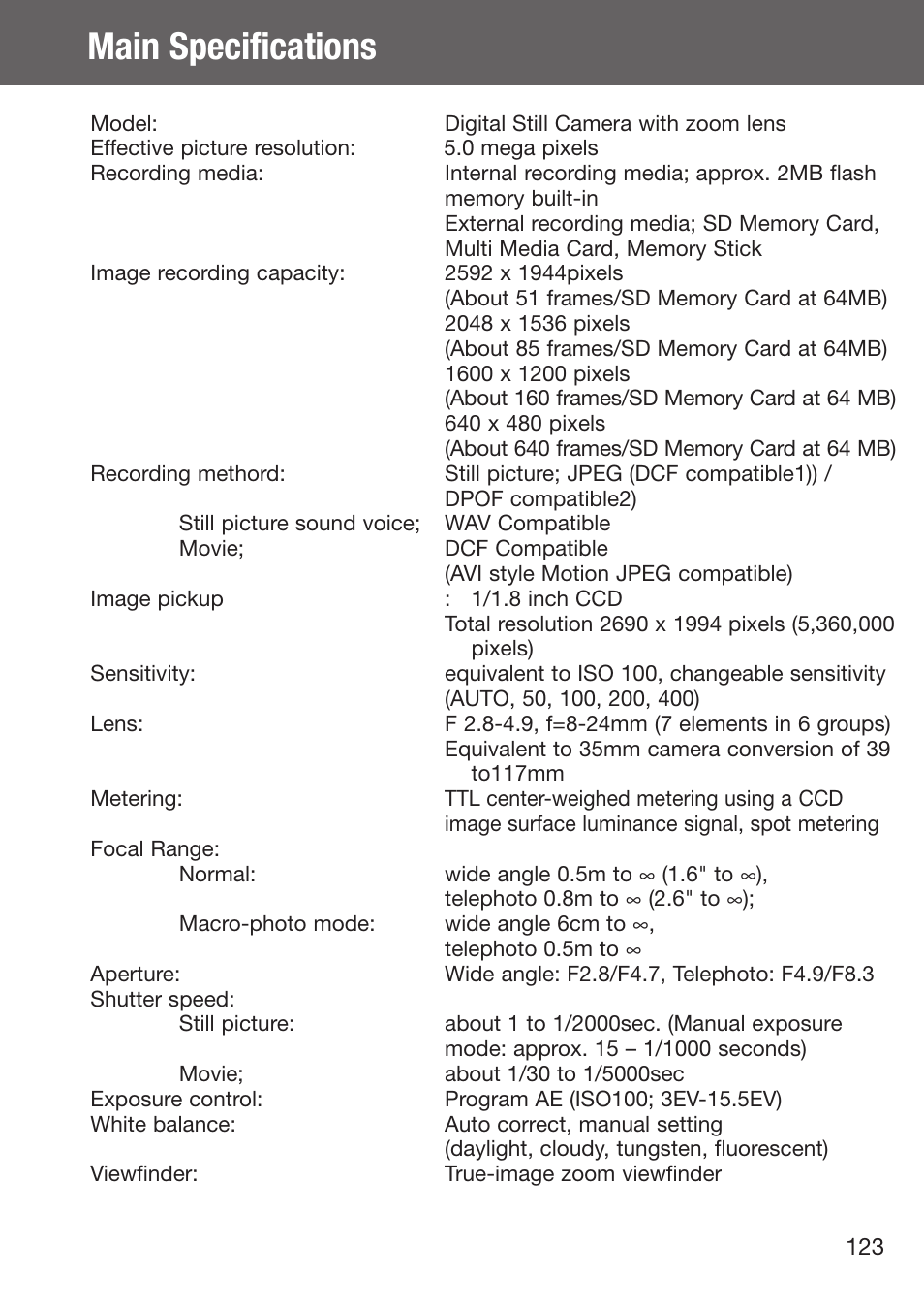 Main specifications | Konica Minolta DiMAGE G500 User Manual | Page 123 / 126