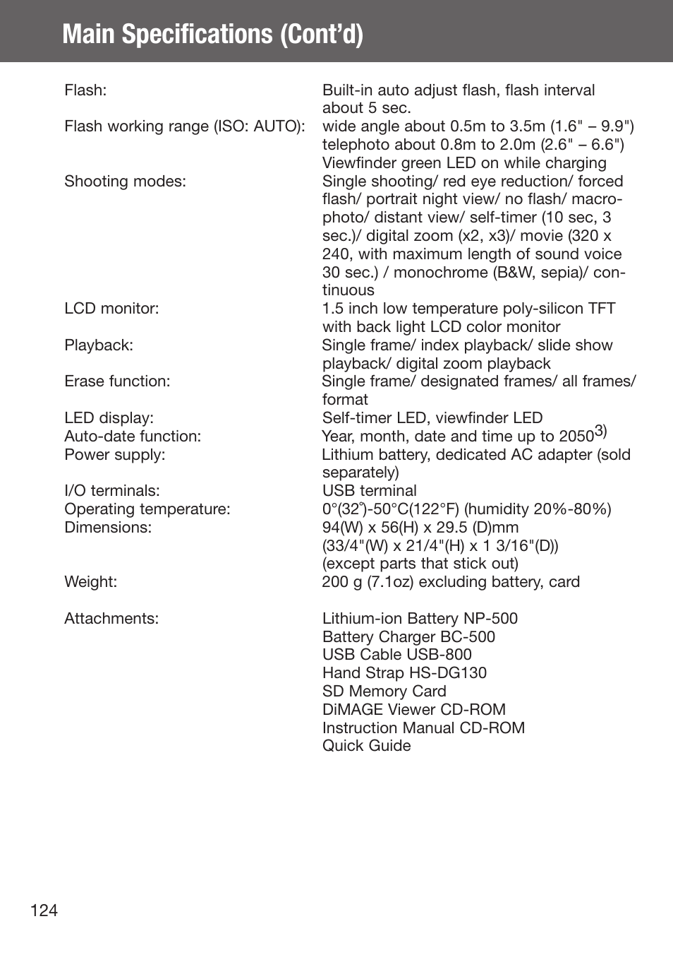 Main specifications (cont’d) | Konica Minolta DiMAGE G500 User Manual | Page 124 / 126