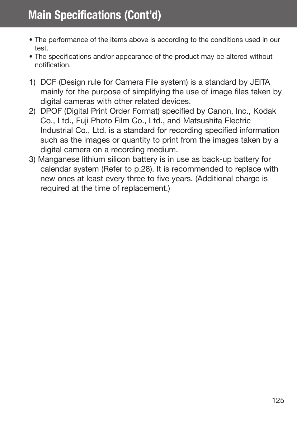 Main specifications (cont’d) | Konica Minolta DiMAGE G500 User Manual | Page 125 / 126