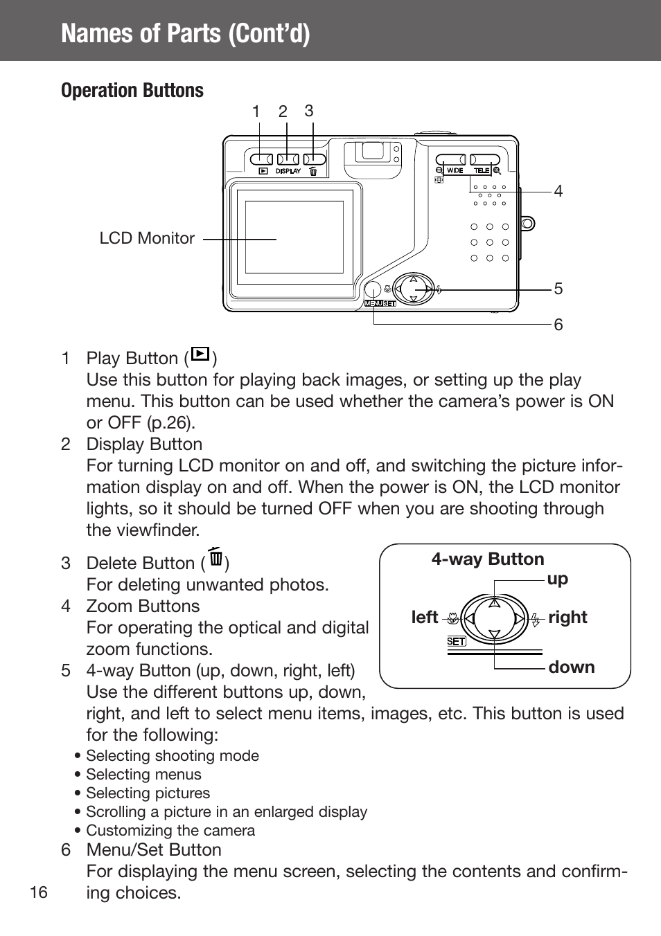Operation buttons, Names of parts (cont’d) | Konica Minolta DiMAGE G500 User Manual | Page 16 / 126