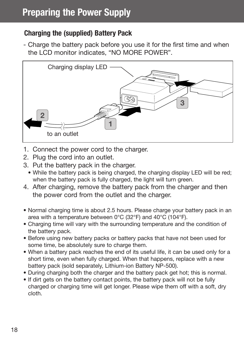 Preparing the power supply, Charging the (supplied) battery pack | Konica Minolta DiMAGE G500 User Manual | Page 18 / 126