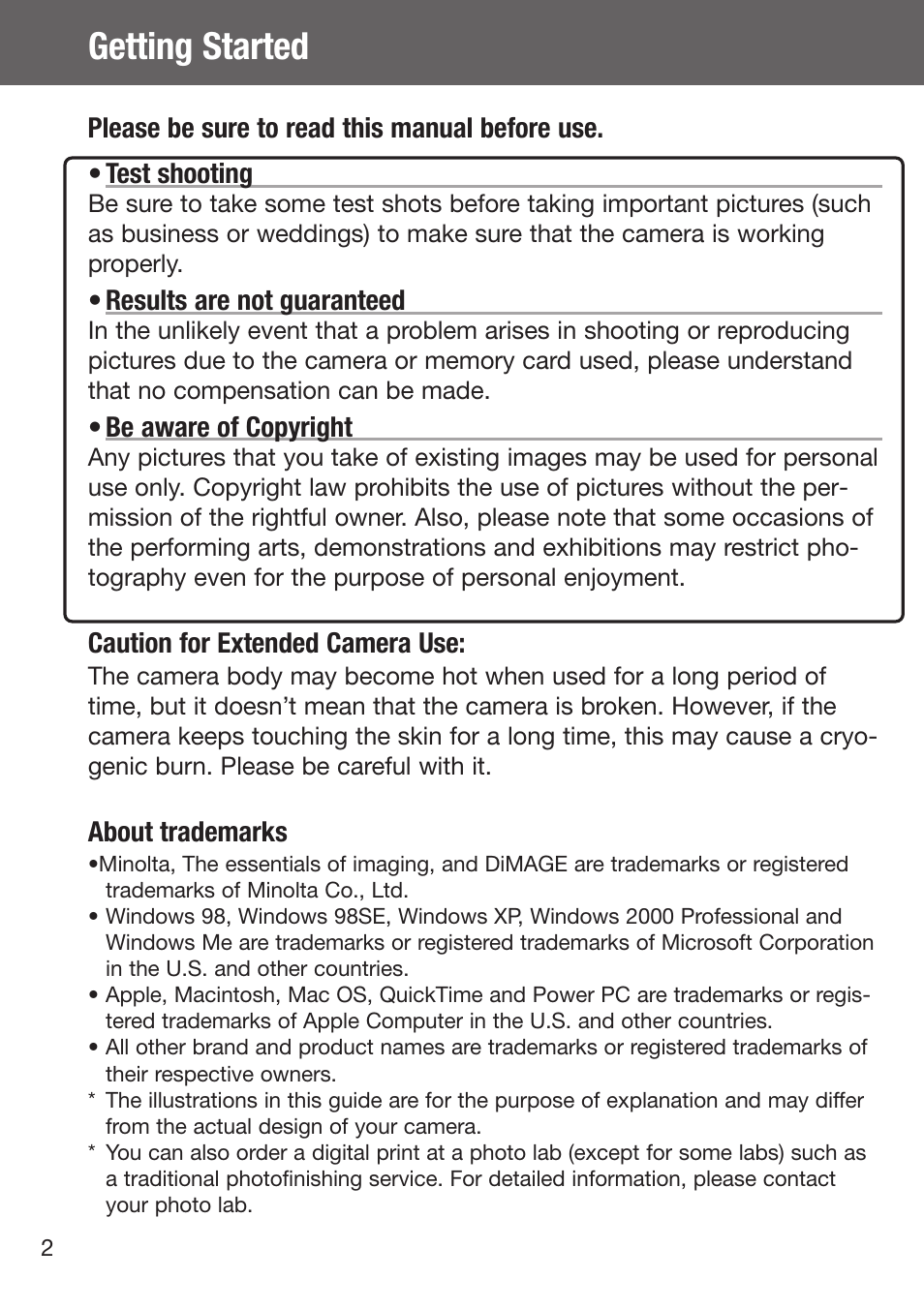 Getting started, Results are not guaranteed, Be aware of copyright | Caution for extended camera use, About trademarks | Konica Minolta DiMAGE G500 User Manual | Page 2 / 126