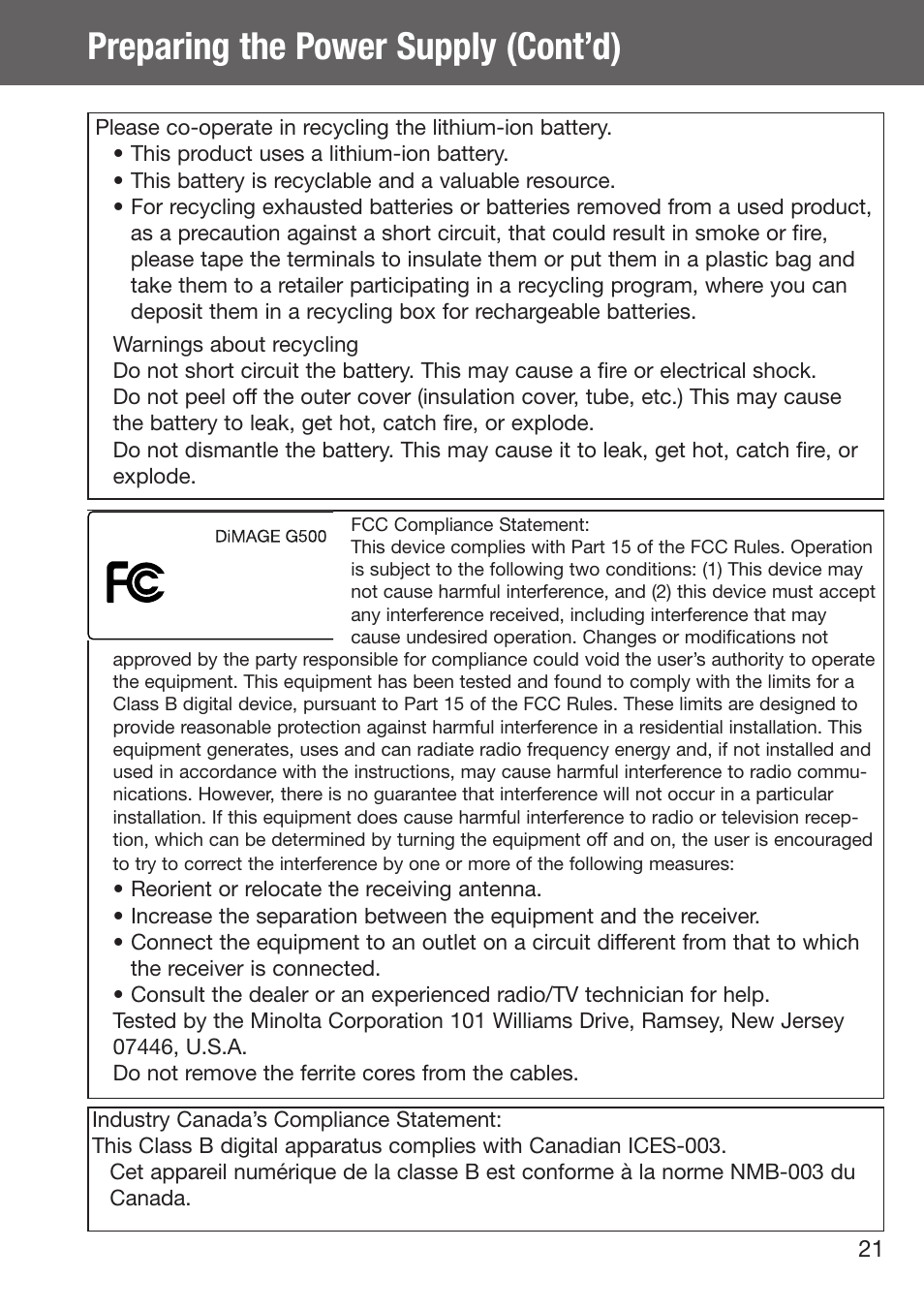 Preparing the power supply (cont’d) | Konica Minolta DiMAGE G500 User Manual | Page 21 / 126