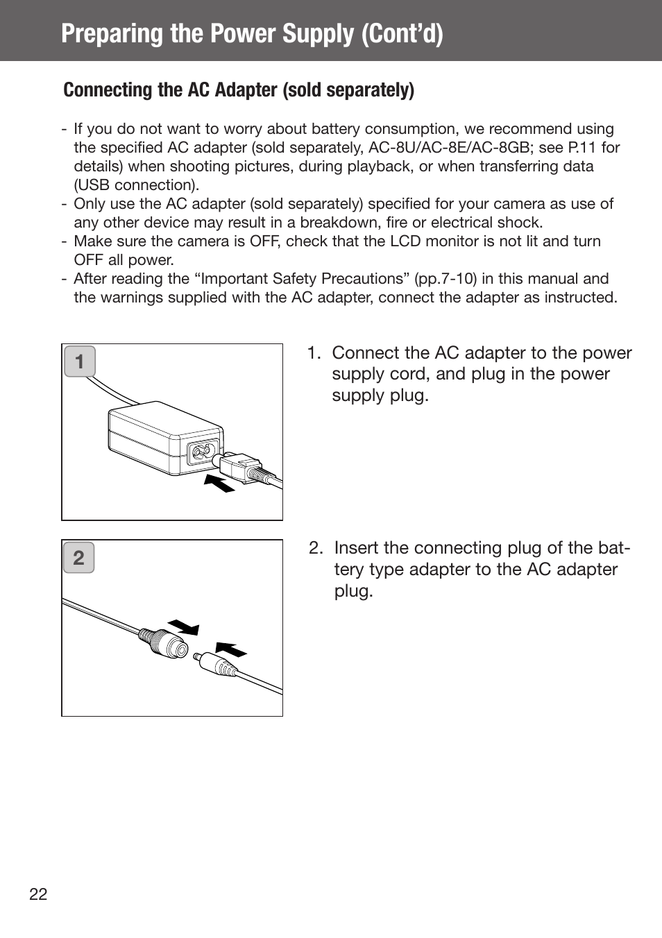 Connecting the ac adapter (sold separately), Preparing the power supply (cont’d), 12 connecting the ac adapter (sold separately) | Konica Minolta DiMAGE G500 User Manual | Page 22 / 126