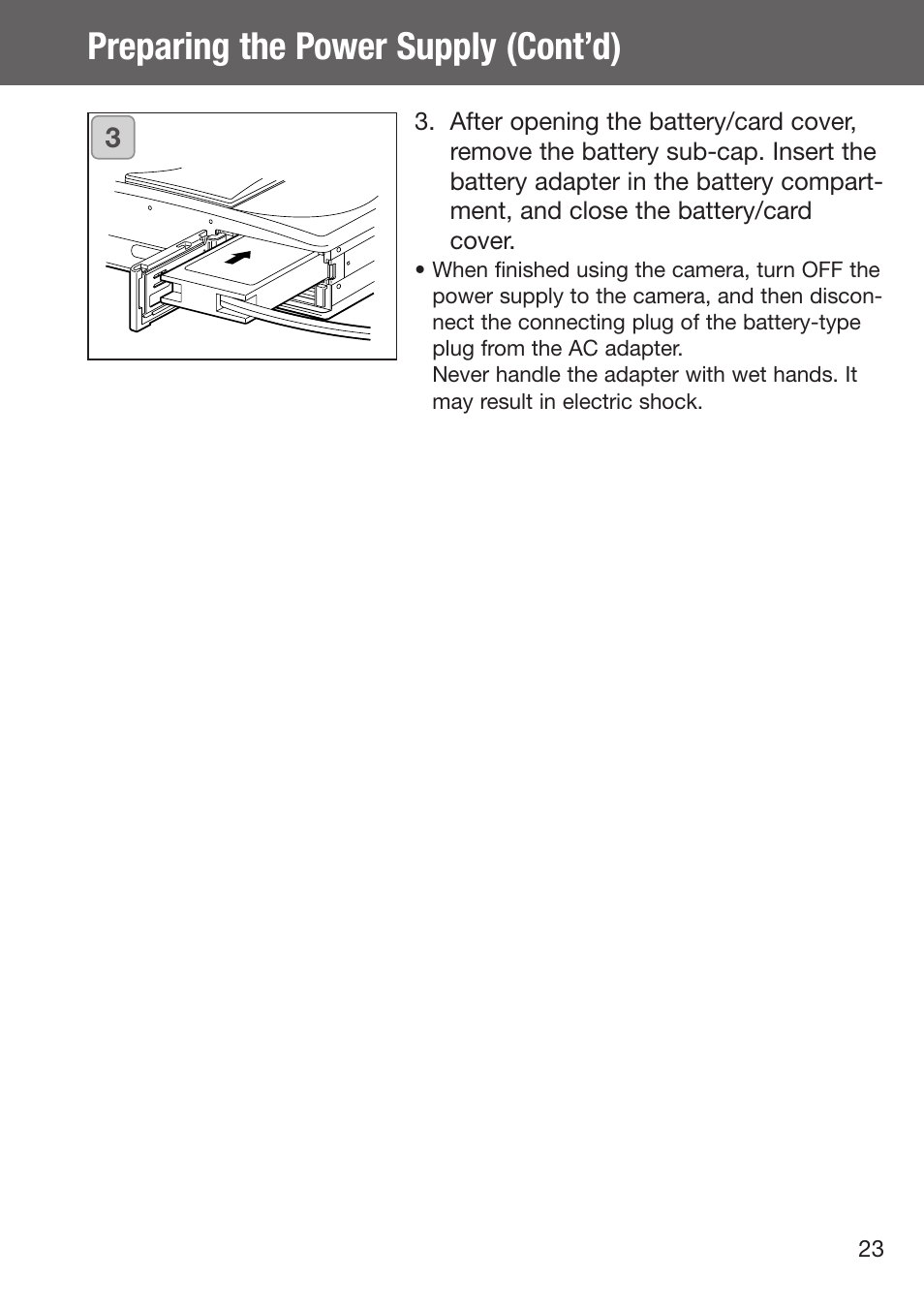 Preparing the power supply (cont’d) | Konica Minolta DiMAGE G500 User Manual | Page 23 / 126