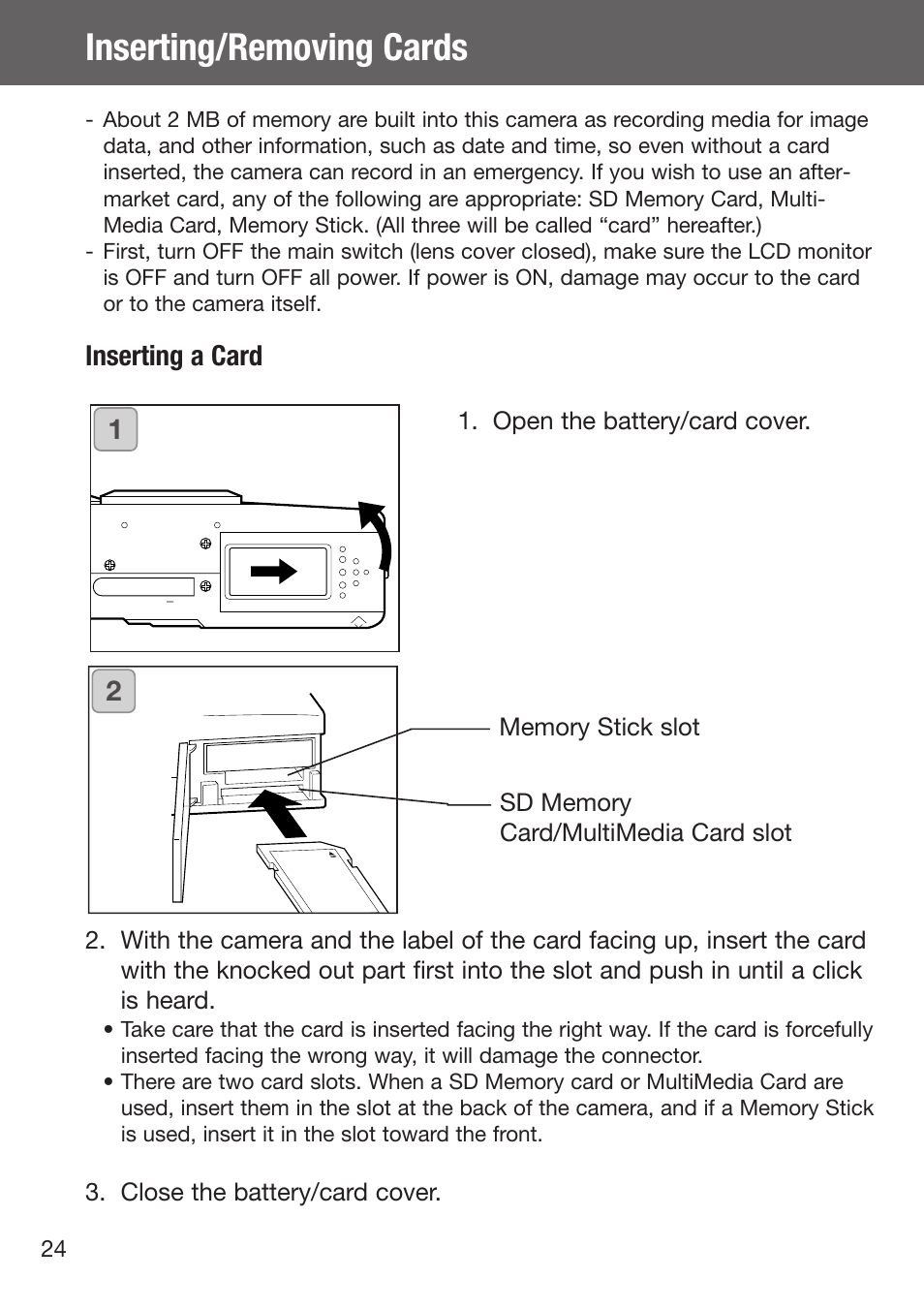 Inserting/removing cards, Inserting a card 1 2 | Konica Minolta DiMAGE G500 User Manual | Page 24 / 126