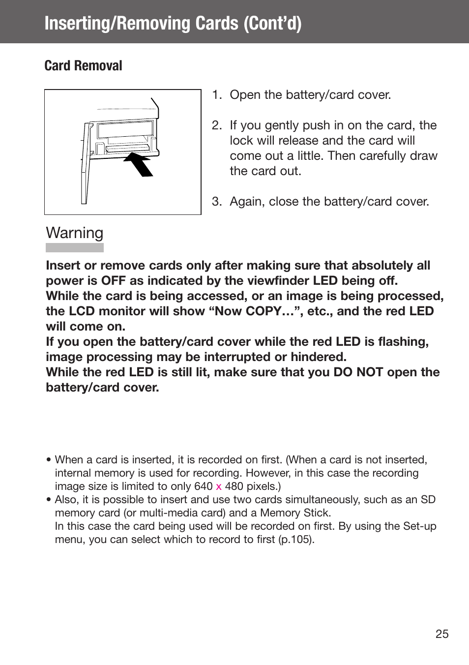 Inserting/removing cards (cont’d), Warning, Card removal | Konica Minolta DiMAGE G500 User Manual | Page 25 / 126