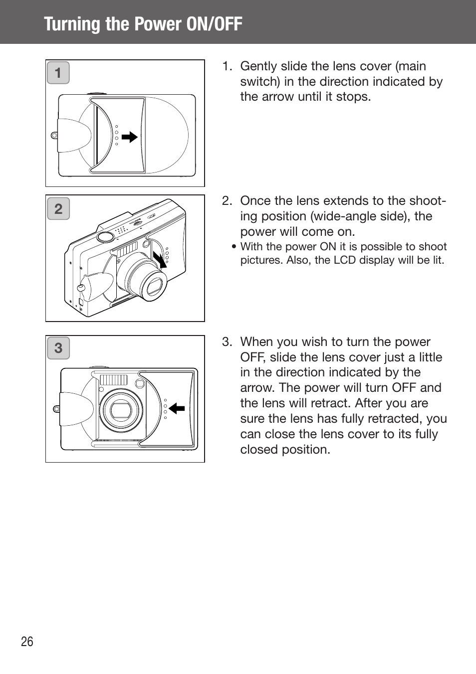 Turning the power on/off | Konica Minolta DiMAGE G500 User Manual | Page 26 / 126