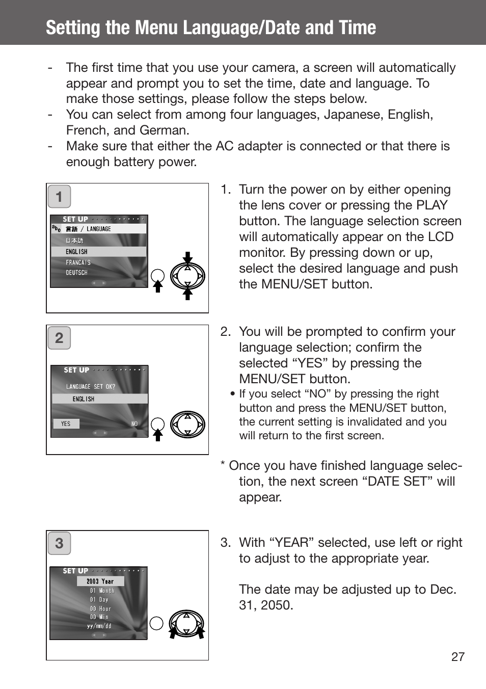 Setting the menu language/date and time | Konica Minolta DiMAGE G500 User Manual | Page 27 / 126