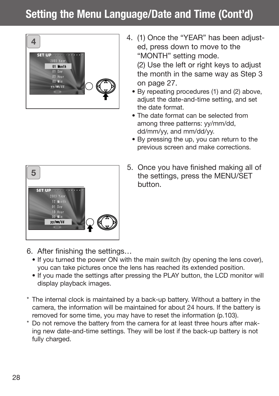 Setting the menu language/date and time (cont’d) | Konica Minolta DiMAGE G500 User Manual | Page 28 / 126