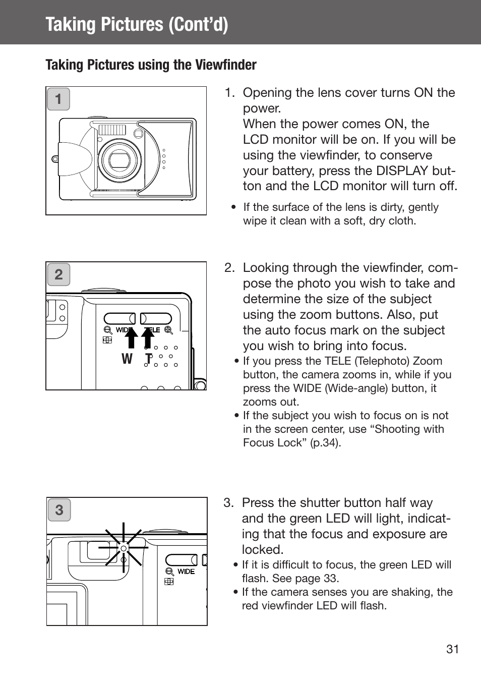 Taking pictures using the viewfinder, Taking pictures (cont’d), Taking pictures using the viewfinder w t | Konica Minolta DiMAGE G500 User Manual | Page 31 / 126