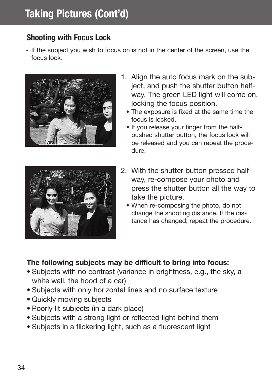 Shooting with focus lock, Taking pictures (cont’d) | Konica Minolta DiMAGE G500 User Manual | Page 34 / 126