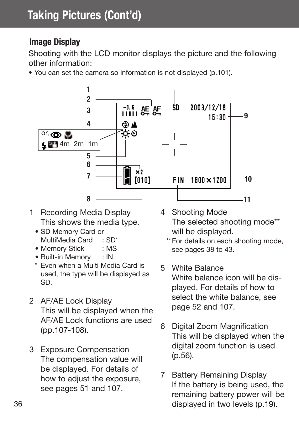 Taking pictures (cont’d), Image display | Konica Minolta DiMAGE G500 User Manual | Page 36 / 126