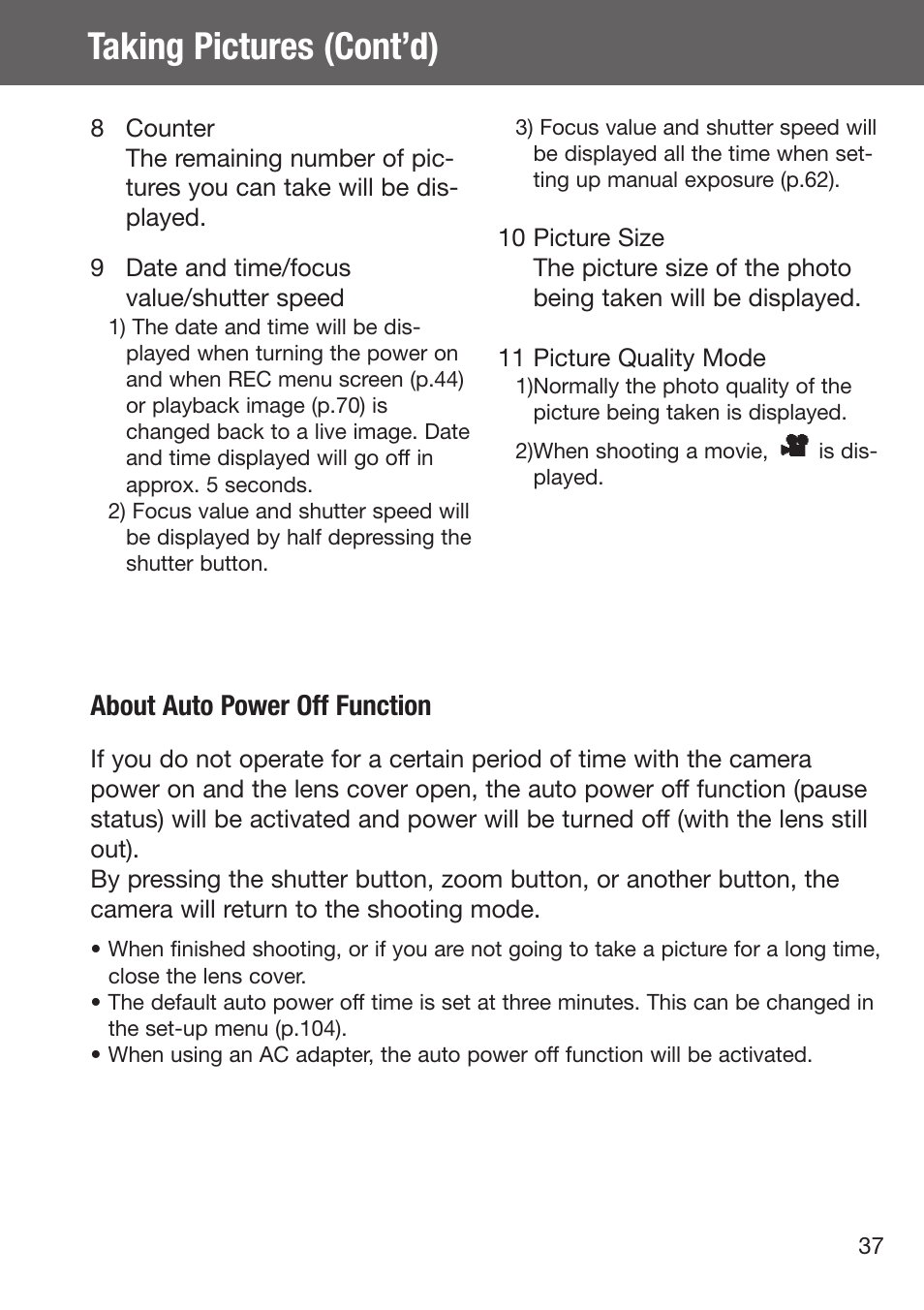 Taking pictures (cont’d), About auto power off function | Konica Minolta DiMAGE G500 User Manual | Page 37 / 126