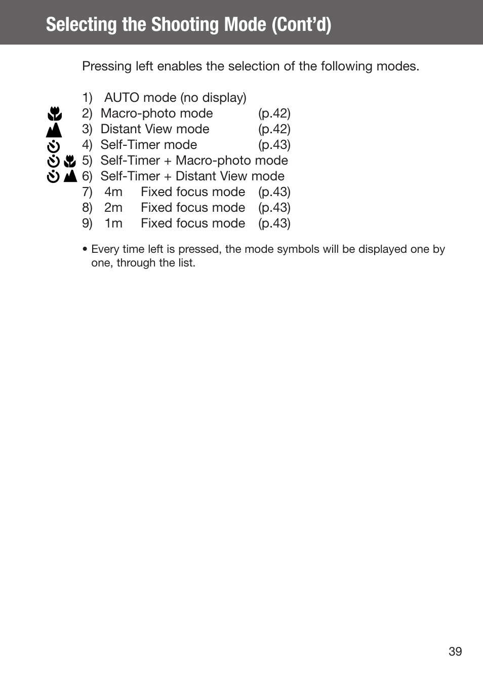 Selecting the shooting mode (cont’d) | Konica Minolta DiMAGE G500 User Manual | Page 39 / 126