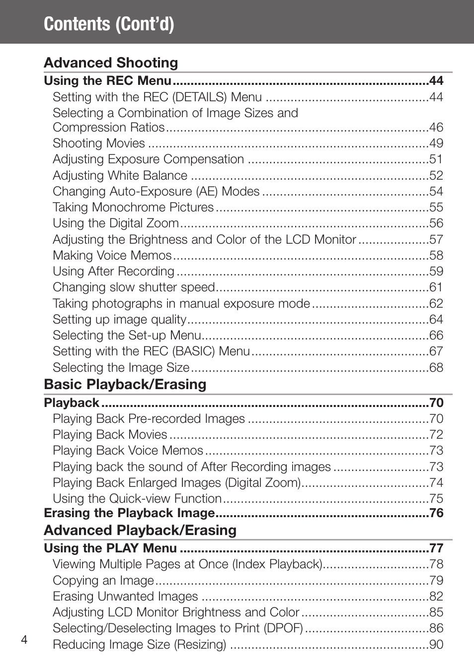 Contents (cont’d) | Konica Minolta DiMAGE G500 User Manual | Page 4 / 126