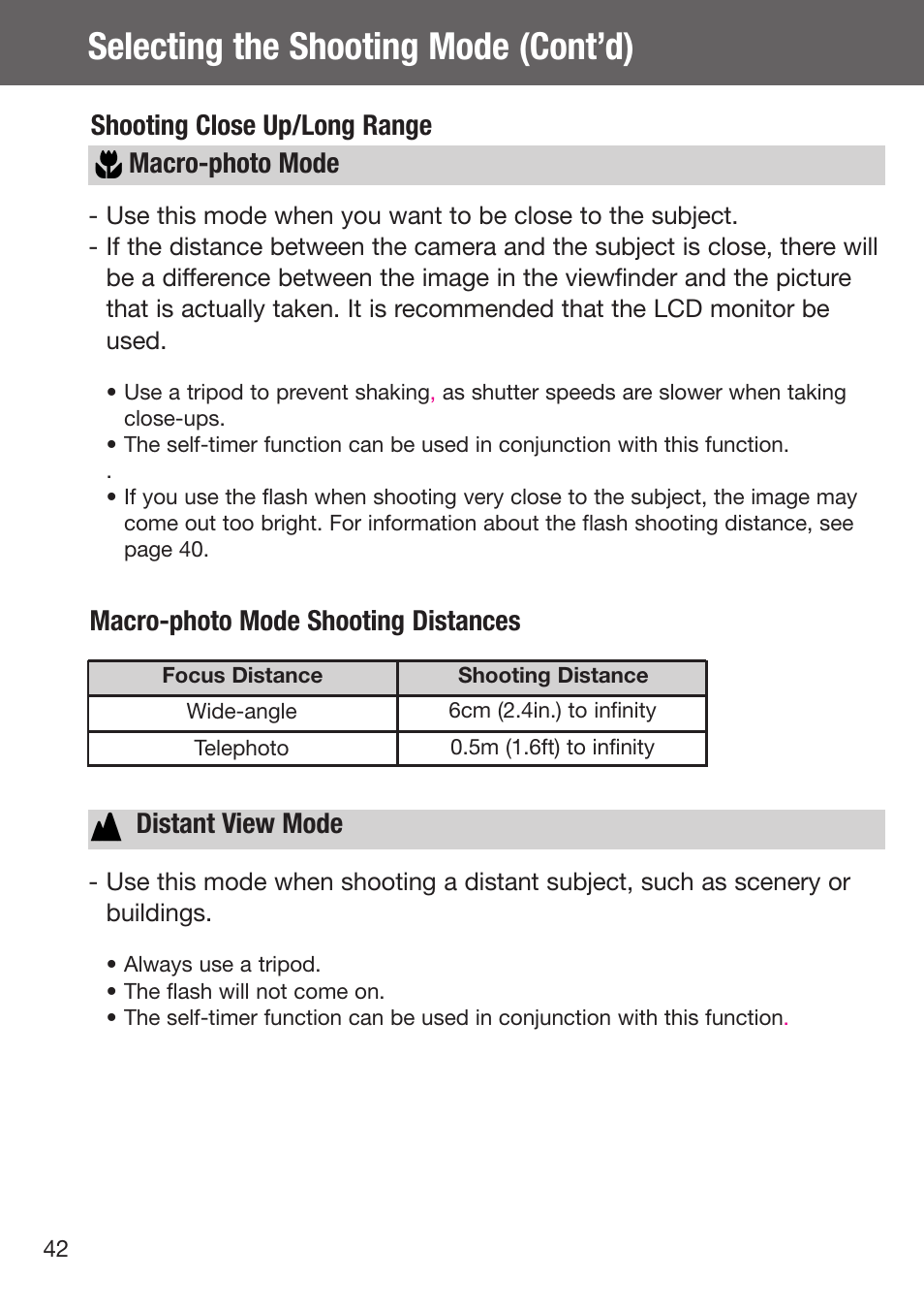 Macro-photo mode distant view mode, Selecting the shooting mode (cont’d), Shooting close up/long range macro-photo mode | Macro-photo mode shooting distances, Distant view mode | Konica Minolta DiMAGE G500 User Manual | Page 42 / 126