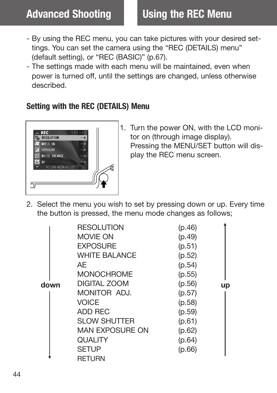 Using the rec menu, Setting with the rec (details) menu, Using the rec menu advanced shooting | Konica Minolta DiMAGE G500 User Manual | Page 44 / 126