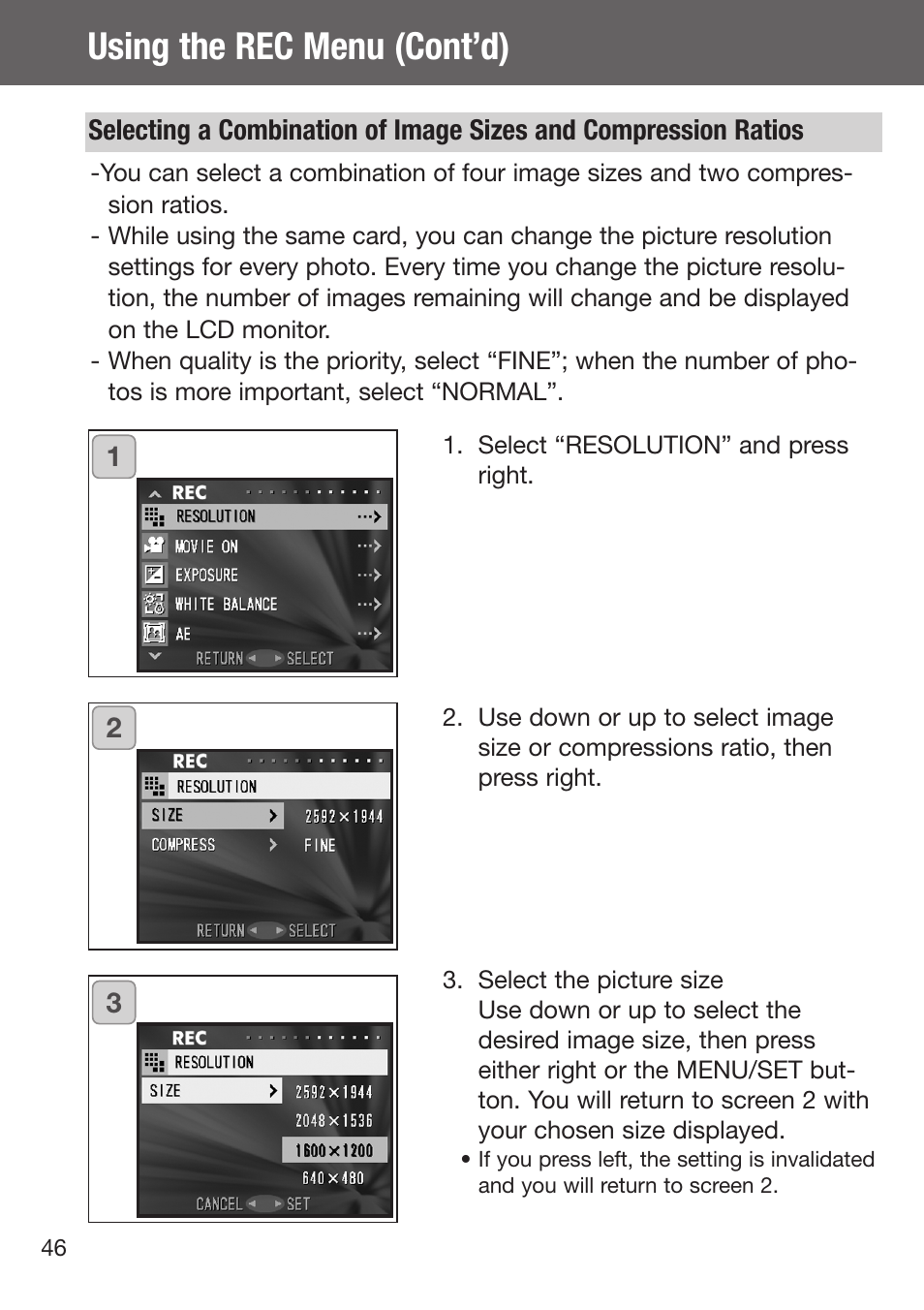 Selecting a combination of image sizes and, Compression ratios, Using the rec menu (cont’d) | Konica Minolta DiMAGE G500 User Manual | Page 46 / 126