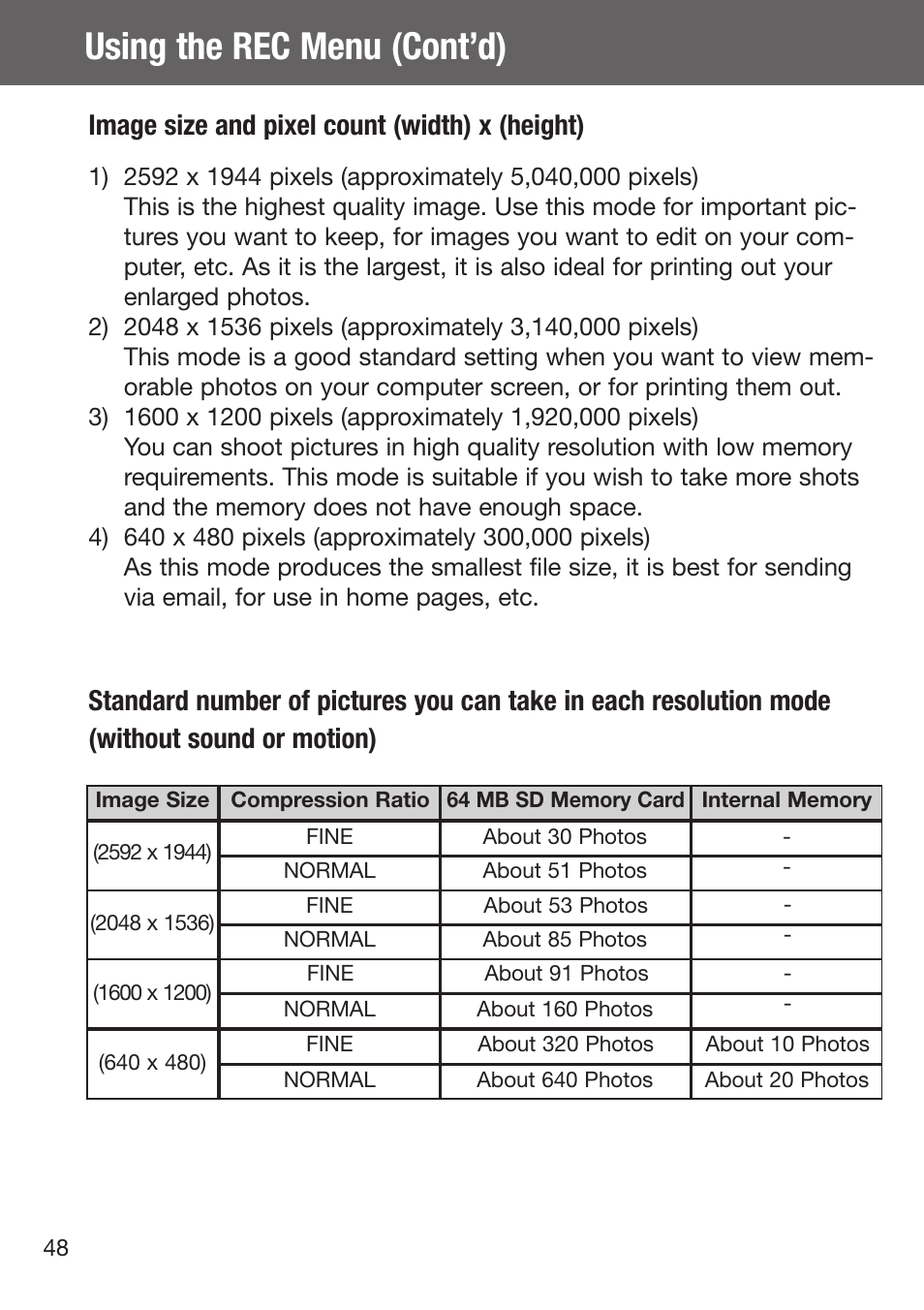 Using the rec menu (cont’d), Image size and pixel count (width) x (height) | Konica Minolta DiMAGE G500 User Manual | Page 48 / 126