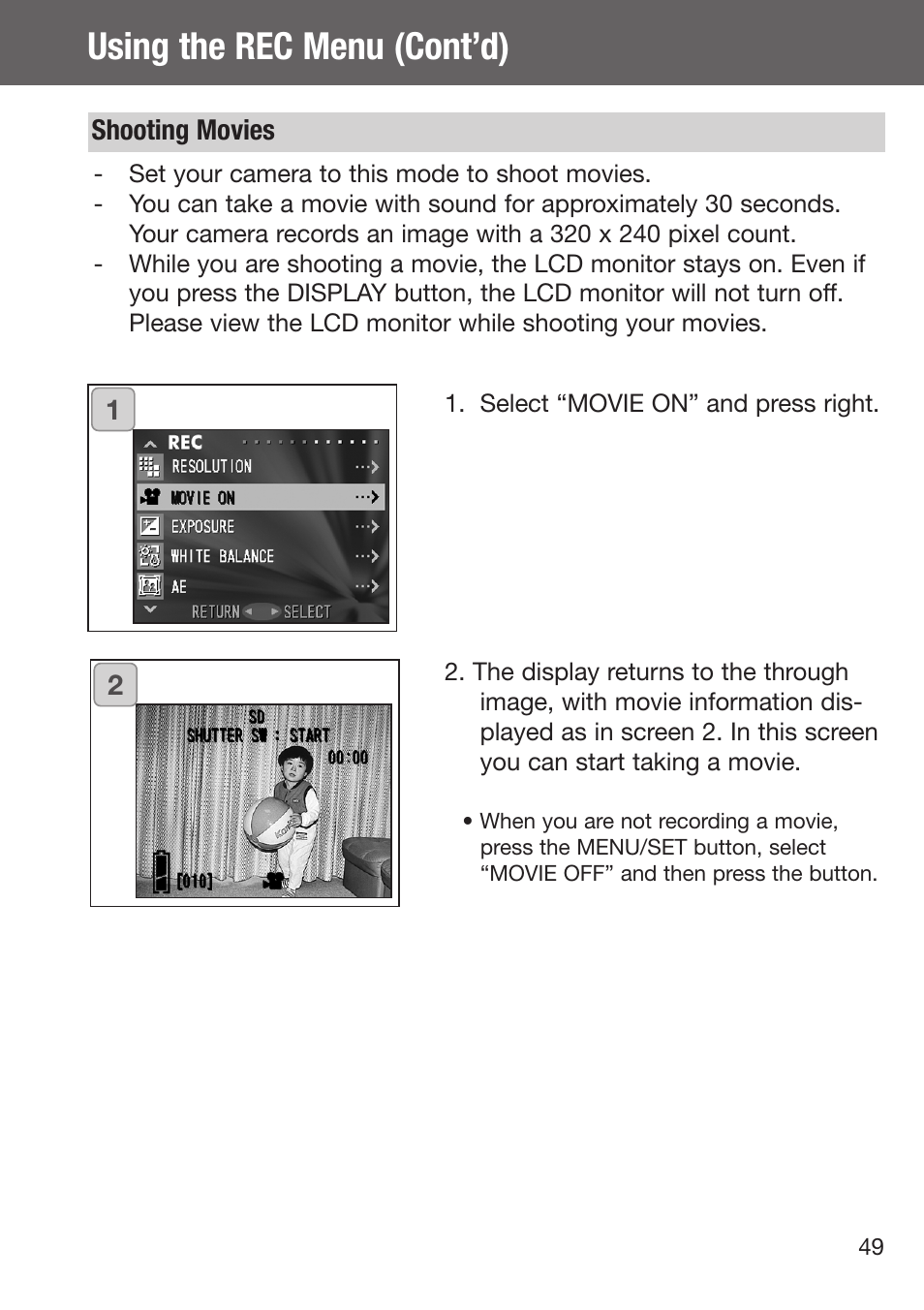 Shooting movies, Using the rec menu (cont’d) | Konica Minolta DiMAGE G500 User Manual | Page 49 / 126