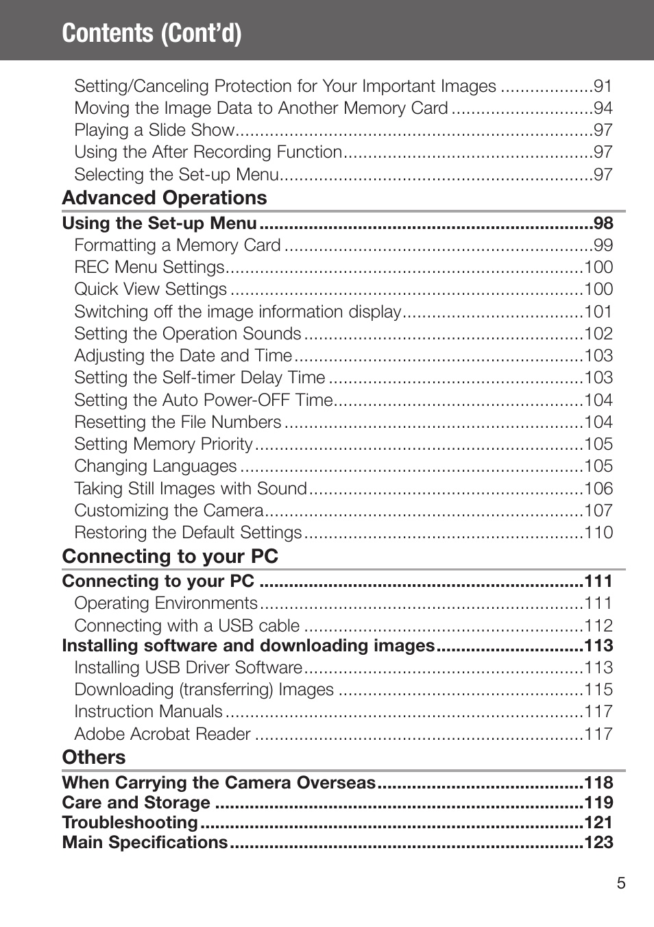 Contents (cont’d) | Konica Minolta DiMAGE G500 User Manual | Page 5 / 126