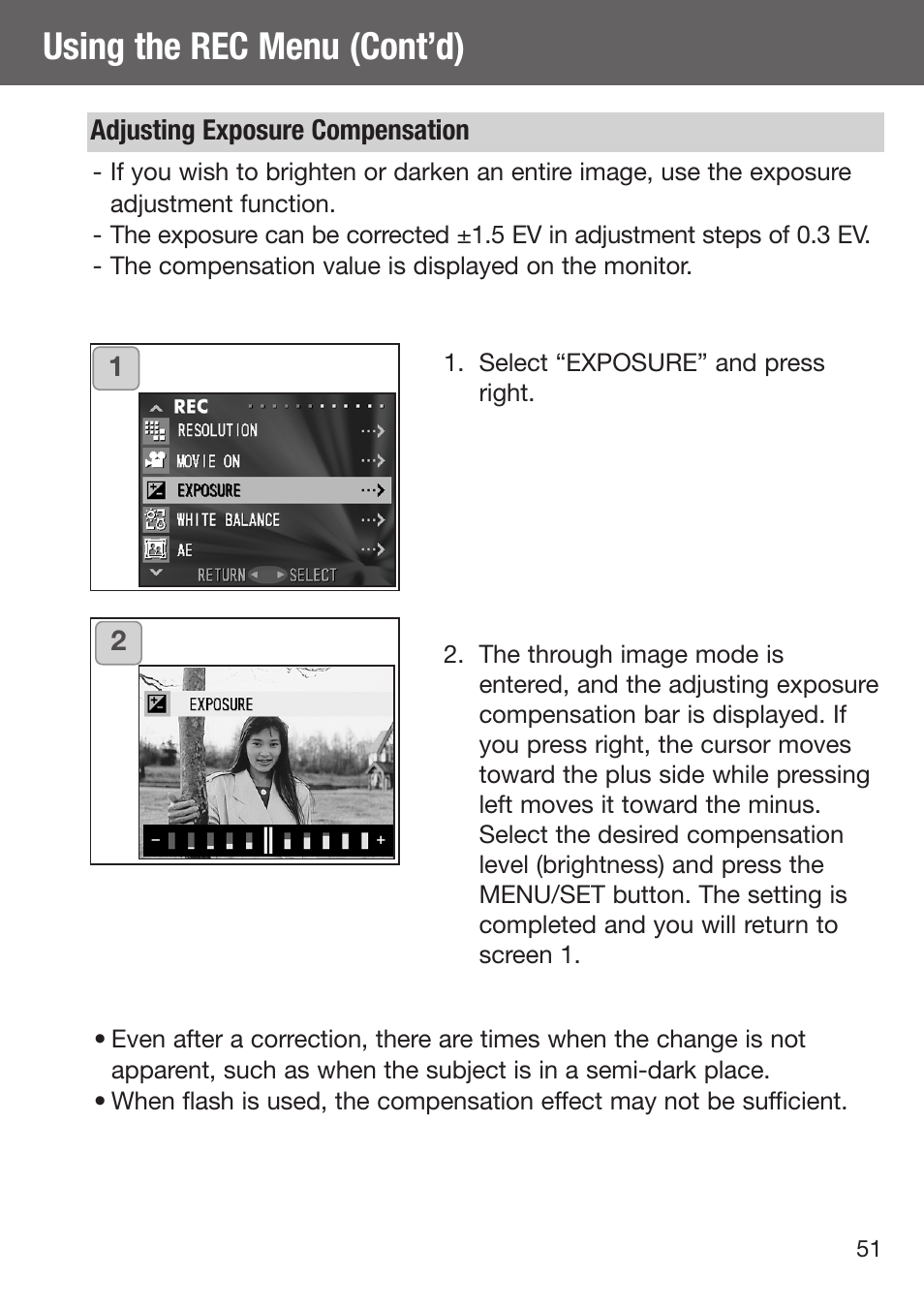 Adjusting exposure compensation, Using the rec menu (cont’d) | Konica Minolta DiMAGE G500 User Manual | Page 51 / 126