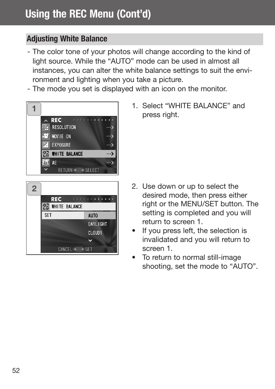 Adjusting white balance, Using the rec menu (cont’d) | Konica Minolta DiMAGE G500 User Manual | Page 52 / 126