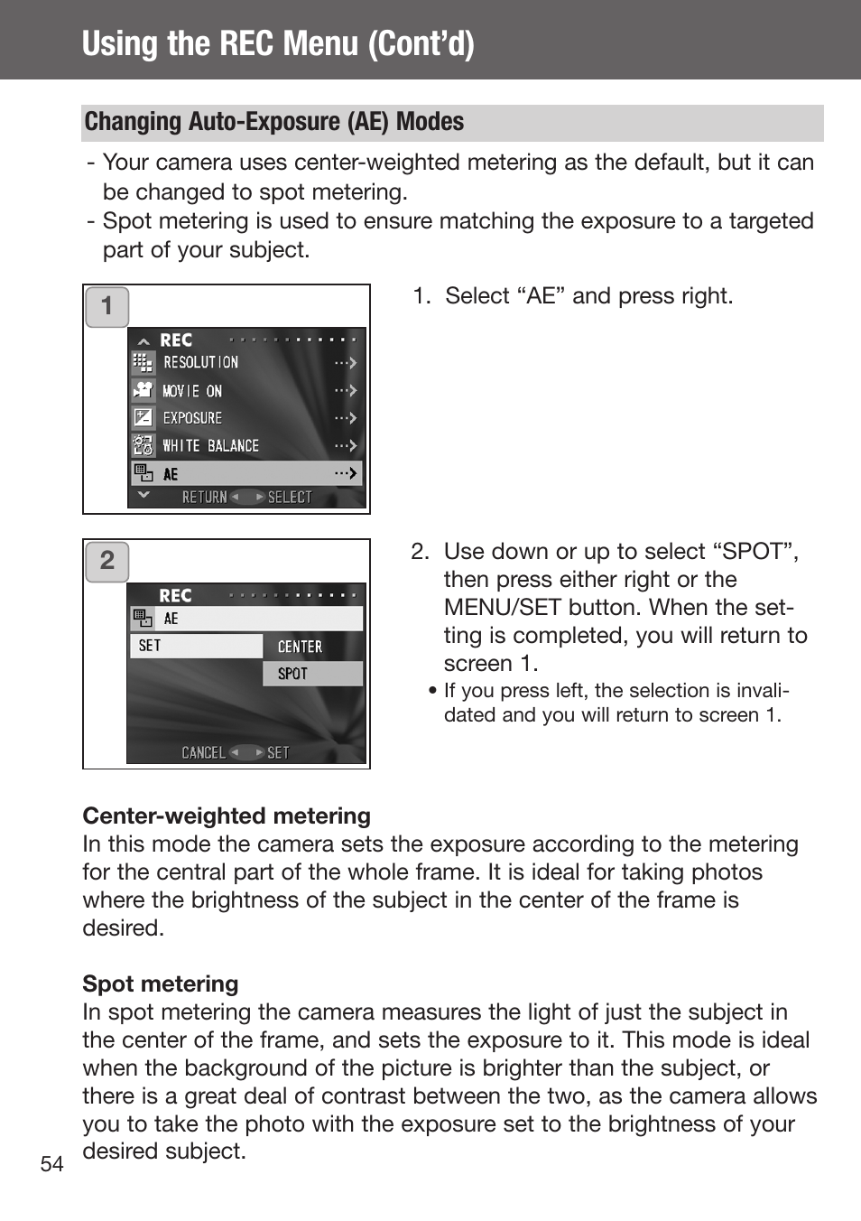 Changing auto-exposure (ae) modes, Using the rec menu (cont’d) | Konica Minolta DiMAGE G500 User Manual | Page 54 / 126