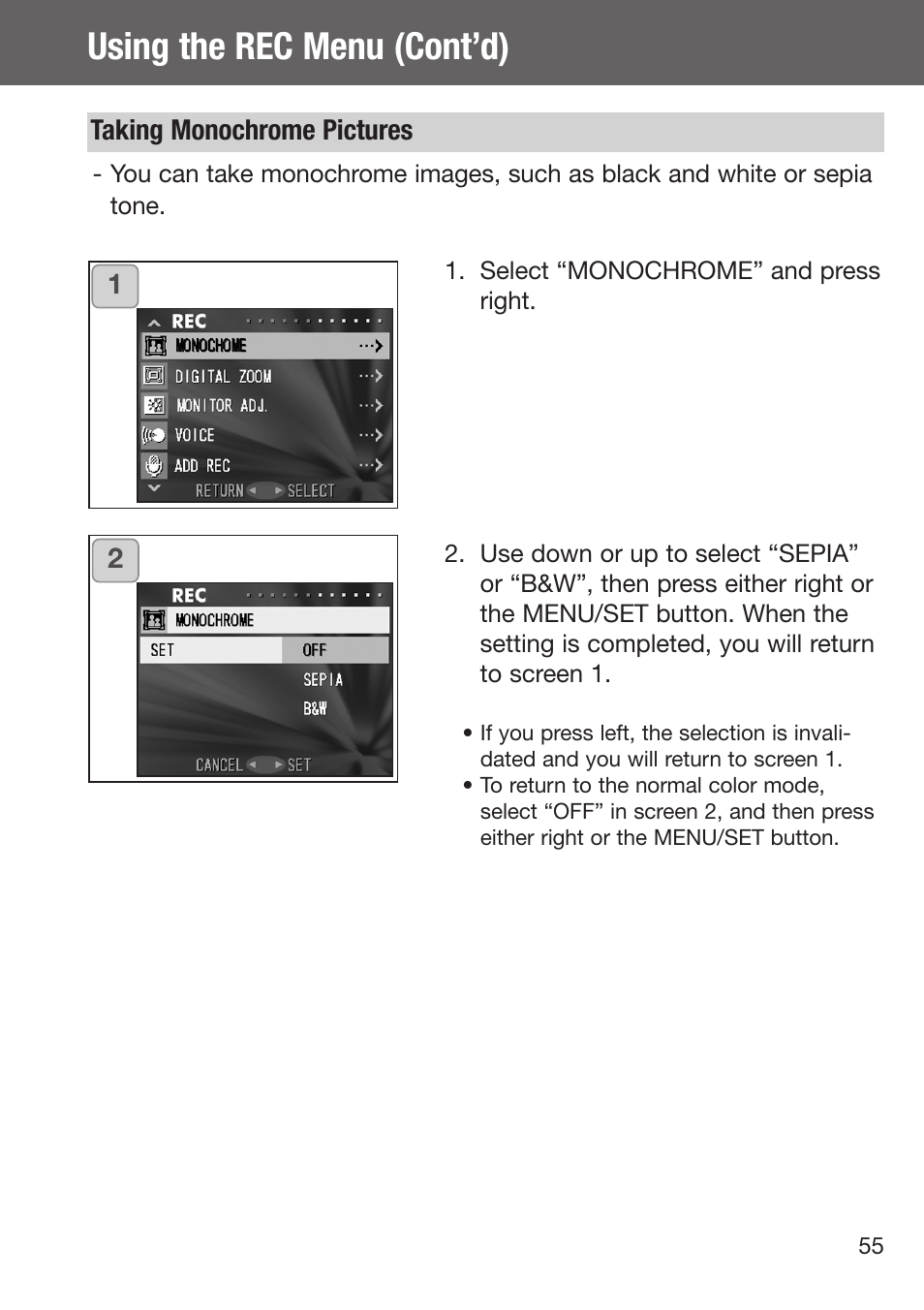 Taking monochrome pictures, Using the rec menu (cont’d) | Konica Minolta DiMAGE G500 User Manual | Page 55 / 126