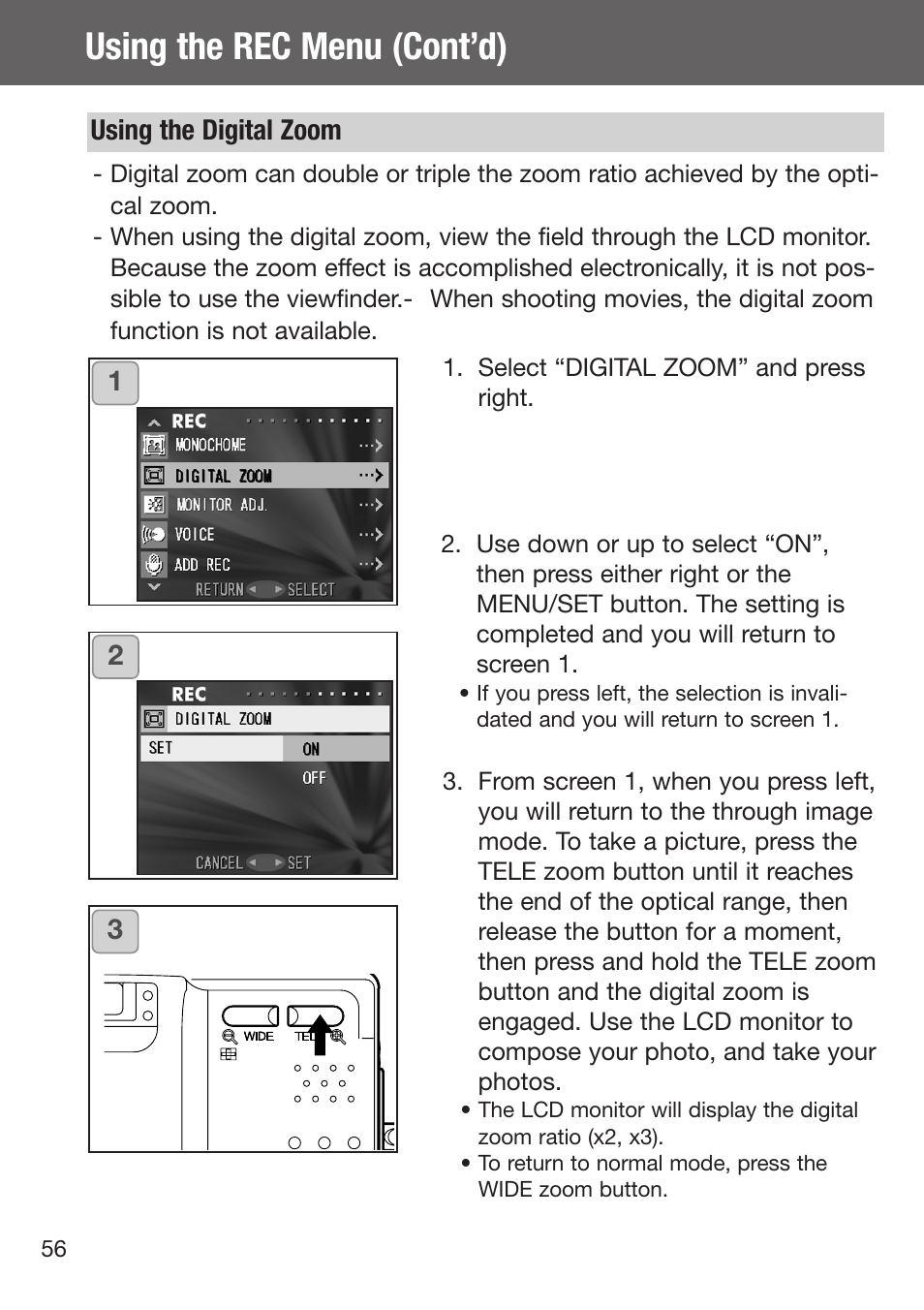 Using the digital zoom, Using the rec menu (cont’d) | Konica Minolta DiMAGE G500 User Manual | Page 56 / 126