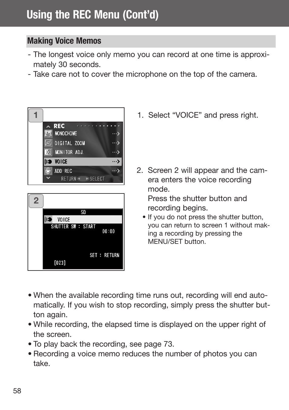 Making voice memos, Using the rec menu (cont’d) | Konica Minolta DiMAGE G500 User Manual | Page 58 / 126