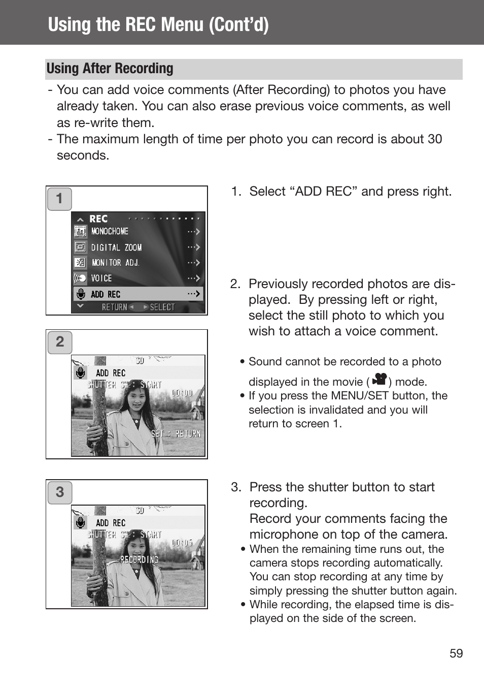 Using after recording, Using the rec menu (cont’d) | Konica Minolta DiMAGE G500 User Manual | Page 59 / 126