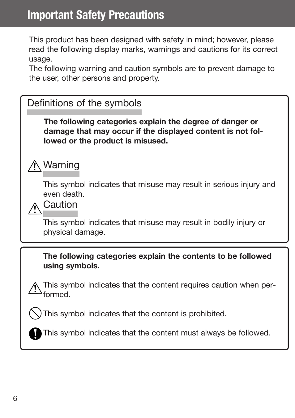 Important safety precautions, Definitions of the symbols, Warning caution | Konica Minolta DiMAGE G500 User Manual | Page 6 / 126