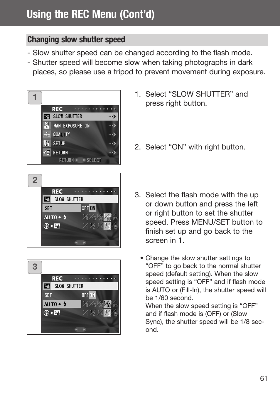 Changing slow shutter speed, Using the rec menu (cont’d) | Konica Minolta DiMAGE G500 User Manual | Page 61 / 126