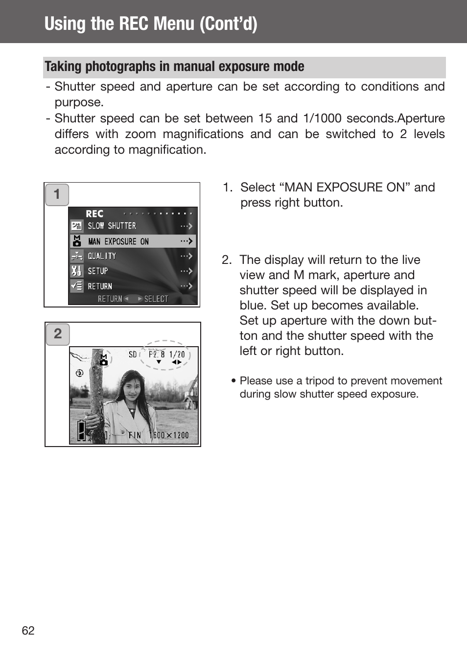 Taking photographs in manual exposure mode, Using the rec menu (cont’d) | Konica Minolta DiMAGE G500 User Manual | Page 62 / 126