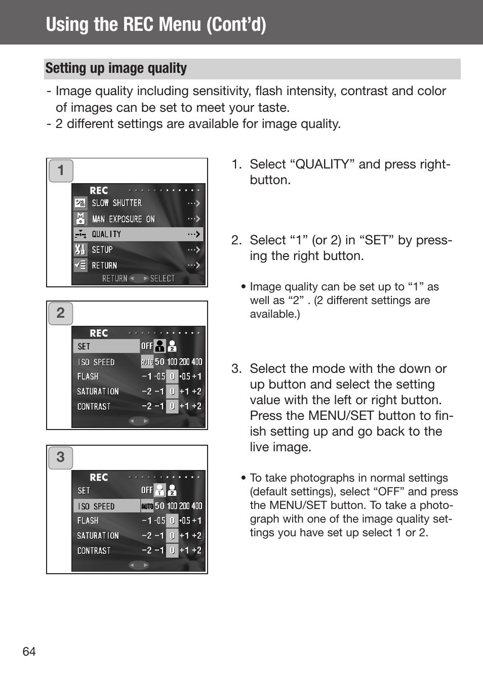Setting up image quality, Using the rec menu (cont’d) | Konica Minolta DiMAGE G500 User Manual | Page 64 / 126