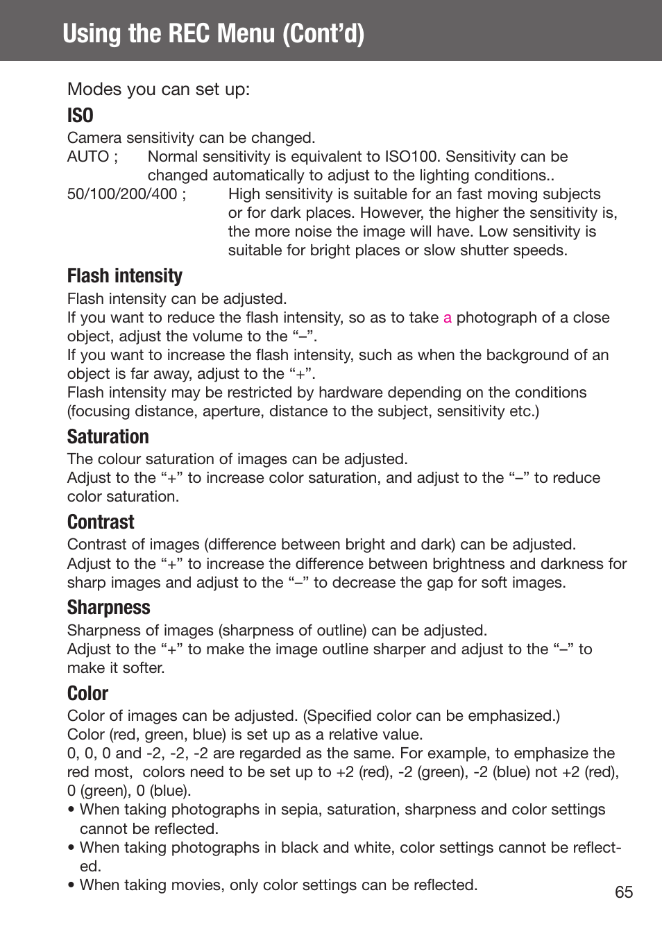 Using the rec menu (cont’d), Flash intensity, Saturation | Contrast, Sharpness, Color | Konica Minolta DiMAGE G500 User Manual | Page 65 / 126