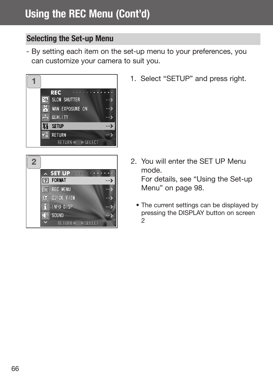Selecting the set-up menu, Using the rec menu (cont’d) | Konica Minolta DiMAGE G500 User Manual | Page 66 / 126