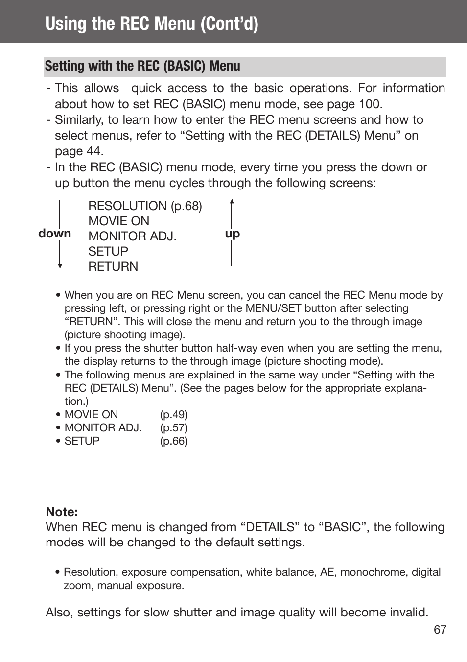 Setting with the rec (basic) menu, Using the rec menu (cont’d) | Konica Minolta DiMAGE G500 User Manual | Page 67 / 126