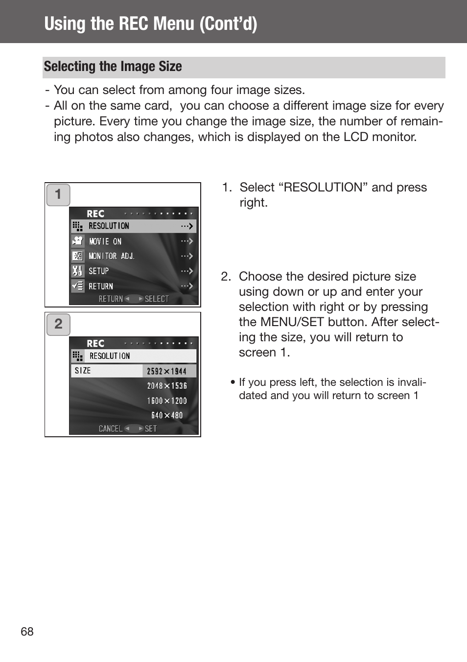 Selecting the image size, Using the rec menu (cont’d) | Konica Minolta DiMAGE G500 User Manual | Page 68 / 126