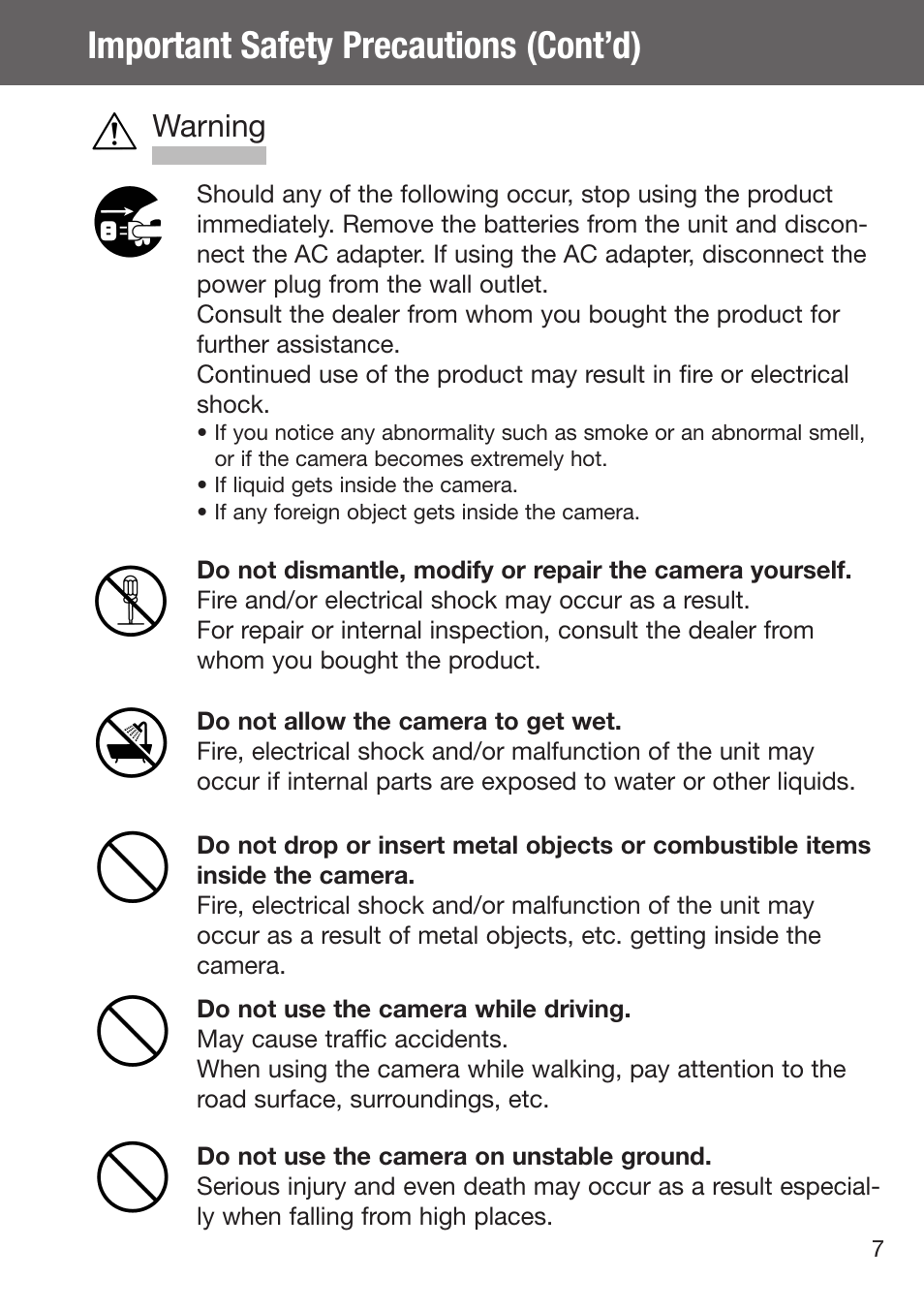 Important safety precautions (cont’d), Warning | Konica Minolta DiMAGE G500 User Manual | Page 7 / 126