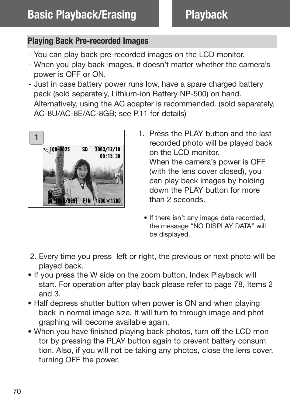 Playback, Playing back pre-recorded images, Basic playback/erasing playback | Konica Minolta DiMAGE G500 User Manual | Page 70 / 126