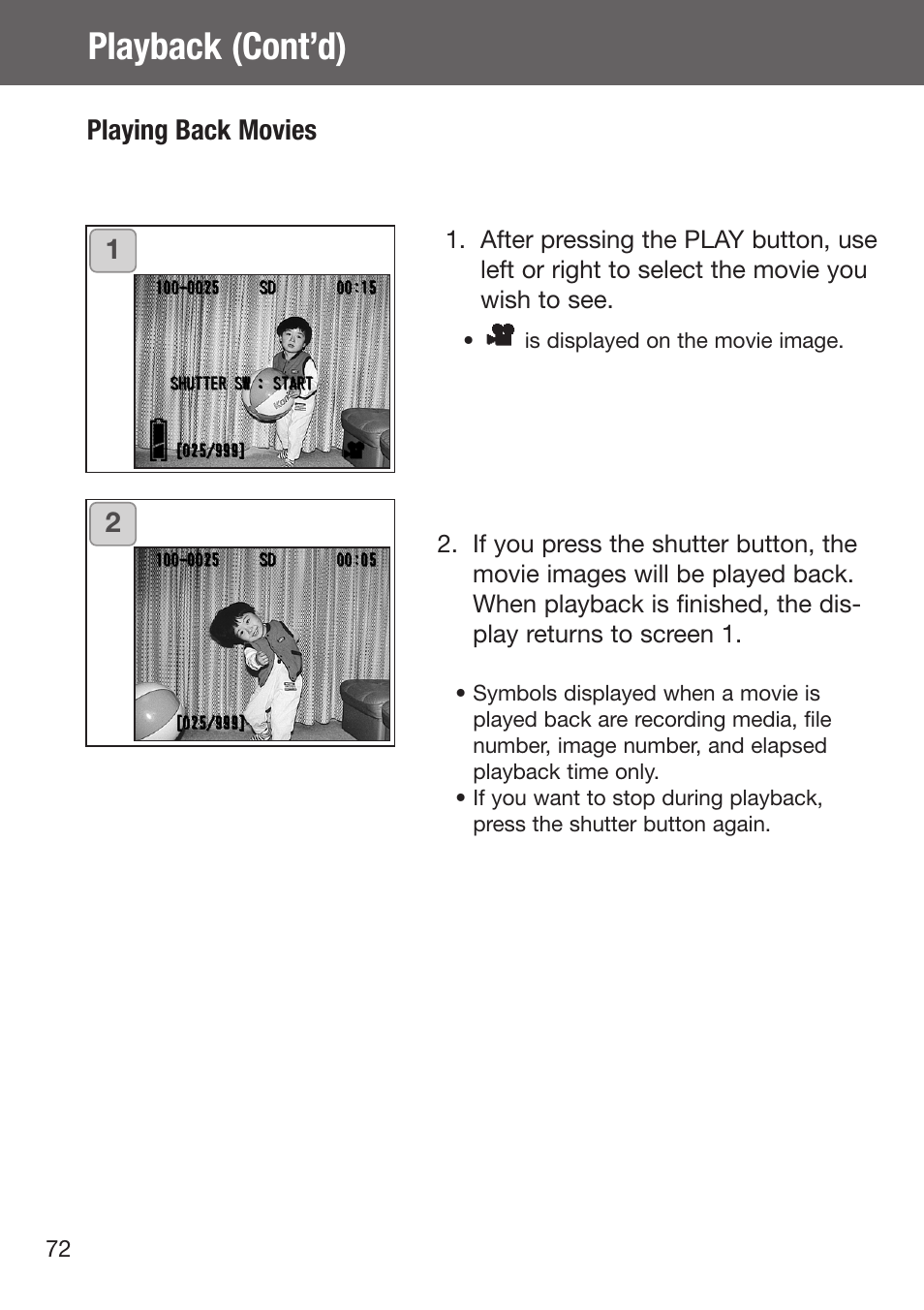 Playing back movies, Playback (cont’d) | Konica Minolta DiMAGE G500 User Manual | Page 72 / 126