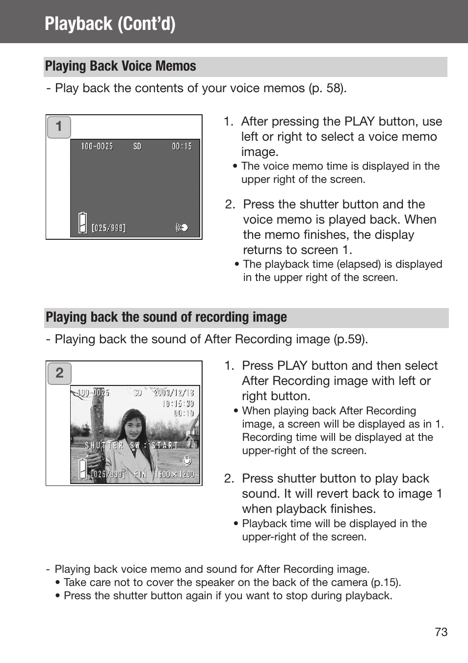 Playback (cont’d), Playing back the sound of recording image | Konica Minolta DiMAGE G500 User Manual | Page 73 / 126