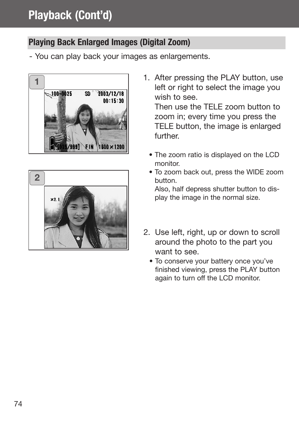 Playing back enlarged images (digital zoom), Playback (cont’d) | Konica Minolta DiMAGE G500 User Manual | Page 74 / 126