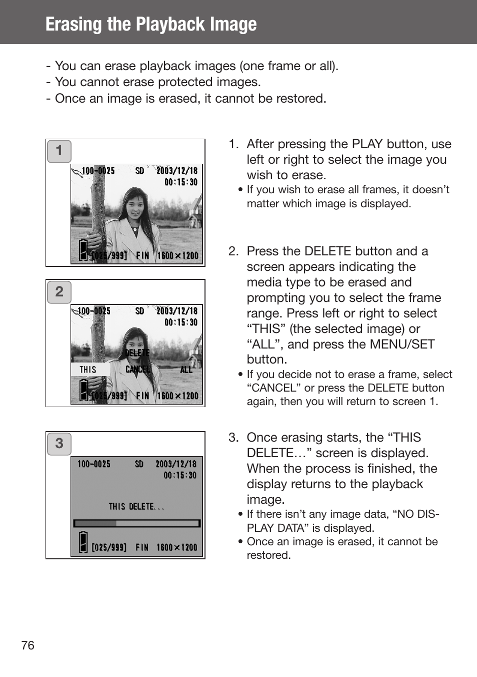 Erasing the playback image | Konica Minolta DiMAGE G500 User Manual | Page 76 / 126